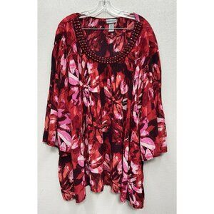 Catherines Floral Blouse Shirt Size 5X Red Pink Crinkle Beaded Neck Office